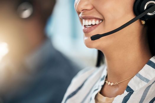 Call center, smile and woman networking in a telemarketing insurance, fintech and loan business or company. Contact us, microphone and happy worker talking, conversation and speaking to a client
