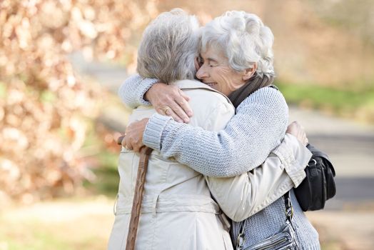Enjoying the embrace and warmth of a loving friend. Two senior ladies embracing with autumn shaded trees in the background.