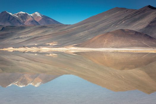 Salt lake in Piedras Rojas, volcanic landscape at sunrise, Atacama, Chile