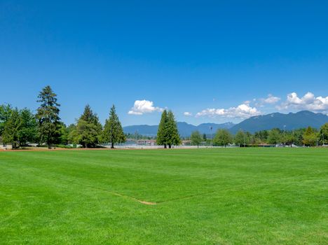 Football grass field on bright sunny day in Vancouver