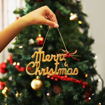Woman hand and festive decoration, Christmas sign with tree in the background in home living room. Female Hands with icon, festive holiday, celebration and xmas decorations, creative and . gold