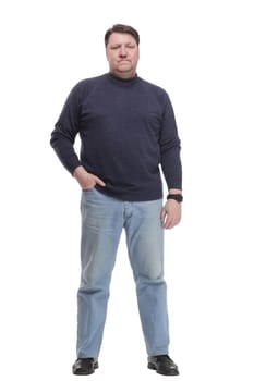 full-length. Mature man in jeans and a jumper.