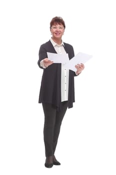 businesswoman in business suit with paperwork documents at work