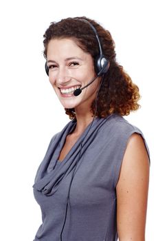 She enjoys the sale environment. Studio portrait of a woman wearing a headset isolated on white.