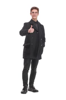 Fashion shot of a young handsome man in black coat. Studio shot isolated over white background