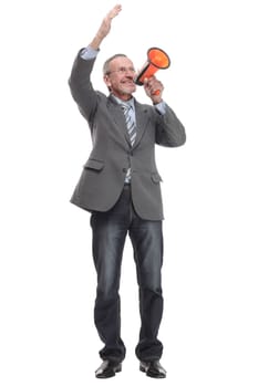 Front view of a mature businessman speaking with megaphone