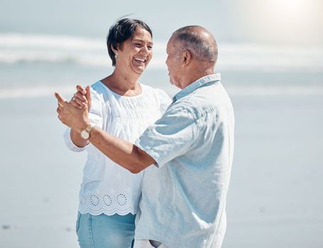 Senior couple, beach and dancing for love, care and romance on summer holiday, vacation and date. Happy man, woman and dance at sea for anniversary, smile and support in nature, sunshine and marriage.