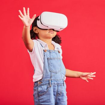 Gaming, virtual reality and metaverse with girl and glasses for digital transformation, wow and innovation. Happy, cyber and augmented reality with child and vr headset for technology, future or 3d