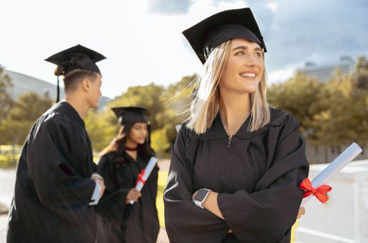 Education, woman thinking and graduation outdoor, happiness and future with success, completed degree and smile. Young female, students and academic excited, daydreaming and ideas for opportunity