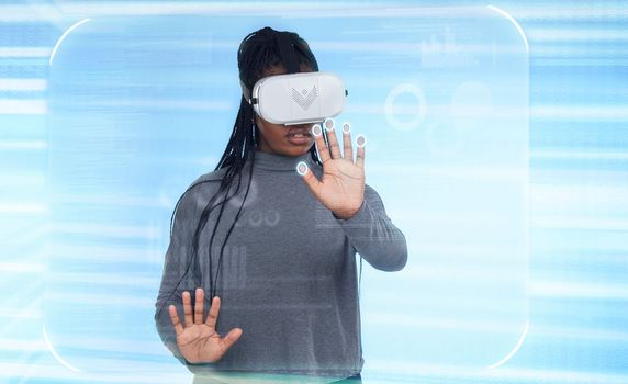 Vr, augmented reality and digital with black woman and 3d hologram for future, cyber and metaverse. Media, ui and technology with girl and headset for ux interface, innovation and data graphics