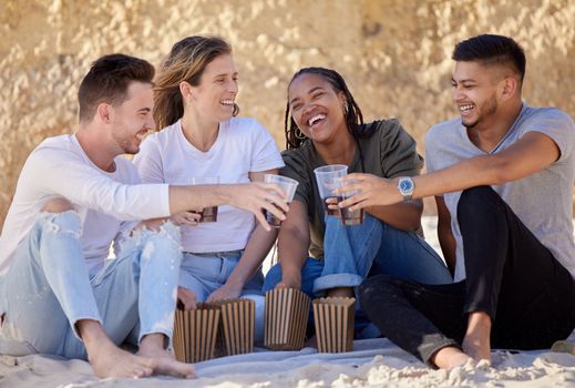 Beach picnic, friends and toast in nature on vacation, holiday or summer trip. Group cheers, smile and happy females bonding with alcohol, liquor or drink outdoor for party, event or celebration