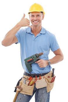 Im just a phone call away. Studio portrait of a handsome construction worker holding a drill isolated on white.