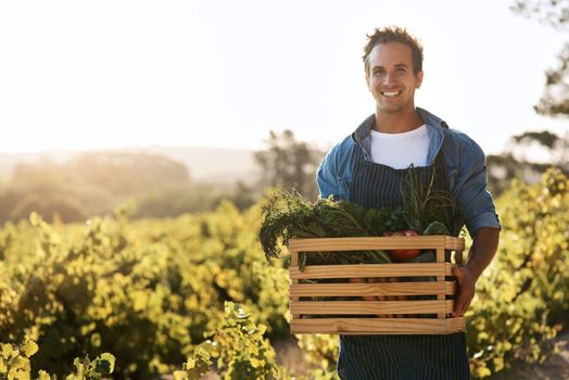 Organic farming is a win, win. a young man holding a crate full of freshly picked produce on a farm.