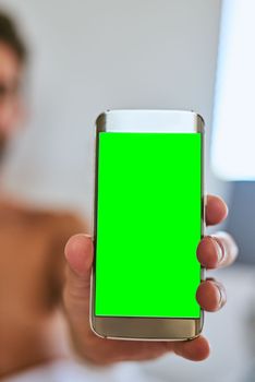 The display you can put anything on. an unrecognizable man holding a cellphone with a green screen display at home.