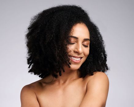 African hair, afro and face of model happy with spa salon hair care, clean hair growth or shampoo healthy hair. Luxury healthcare, dermatology and aesthetic black woman with skincare cosmetics makeup