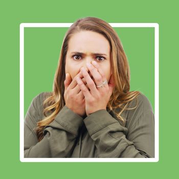 Portrait, surprise and woman with graphic frame in a studio feeling shocked. Model, unexpected and female model face with omg expression gasping from surprising news in isolated green background