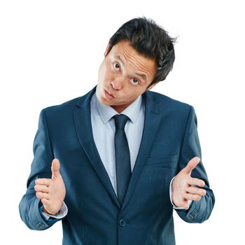 Confused, joke and portrait of businessman in studio with comic and meme face expression. Young, suit and Asian male model with corporate outfit and dont know gesture isolated by a white background.
