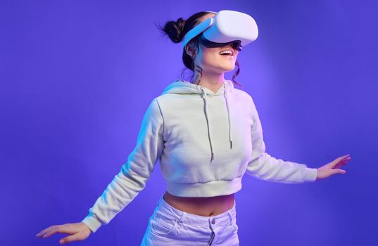 Future of ai, woman with vr headset and digital transformation for metaverse experience in technology. Person streaming augmented reality simulation, futuristic gaming and ux for cyber innovation
