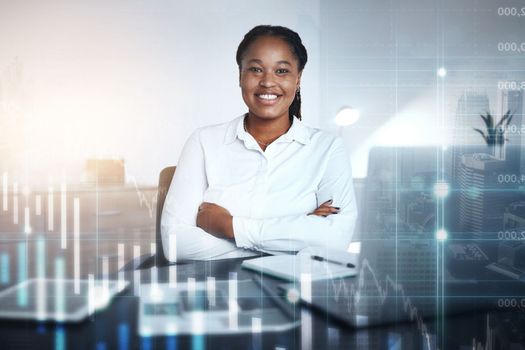 Stock market overlay, business woman portrait and fintech chart graphic happy about investment growth. Accounting, finance and crypto currency black woman employee proud of digital trading success