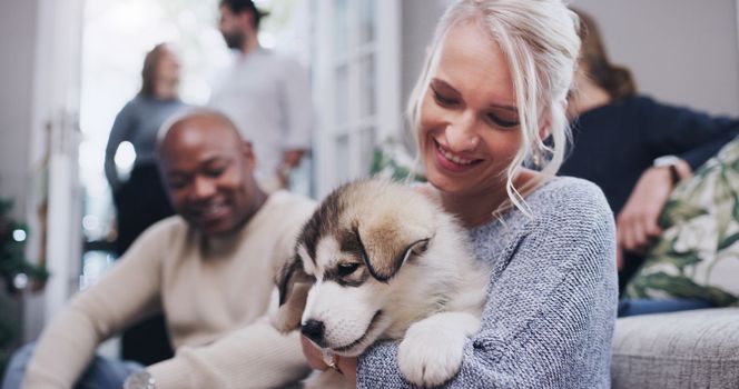 Friends, family and woman with puppy in living room at Christmas party in family home. Friendship, diversity and dog love, happy woman with smile and new pet at holiday celebration in apartment.