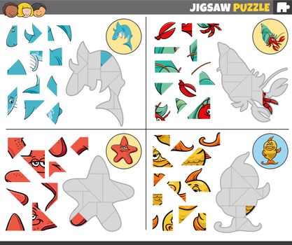Cartoon illustration of educational jigsaw puzzle games set with marine animal characters