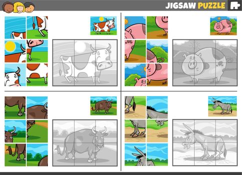 Cartoon illustration of educational jigsaw puzzle games set with farm animal characters
