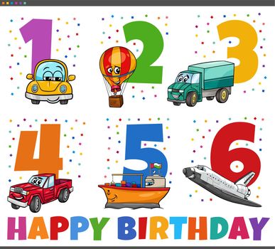 birthday greeting cards set with cartoon vehicles