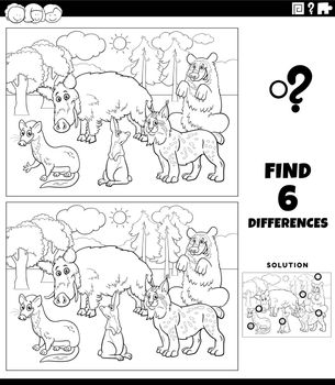 Black and white cartoon illustration of finding the differences between pictures educational game with wild animal characters group coloring page