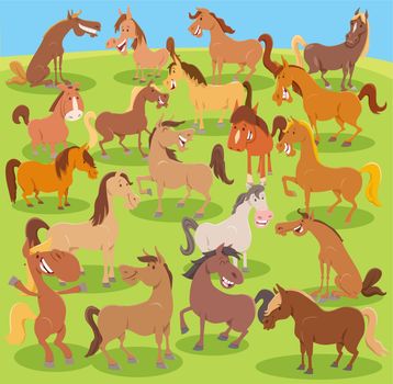 Cartoon illustration of happy horses farm animal characters group