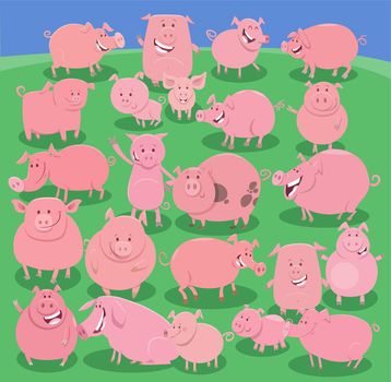 Cartoon illustration of happy pigs farm animal characters group