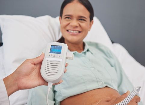 Pregnant woman, doctor check or heart monitor for baby healthcare, medical support or hospital gynecology. Pregnancy maternity consultation, patient stomach or gynecologist with fetal doppler machine