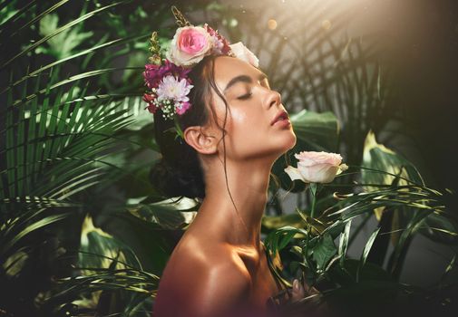 Flower, crown and woman in studio for skincare, beauty and relax, zen and cosmetics in jungle. Skin, rose and mexican girl model pamper, treatment and organic, natural and product in nature aesthetic