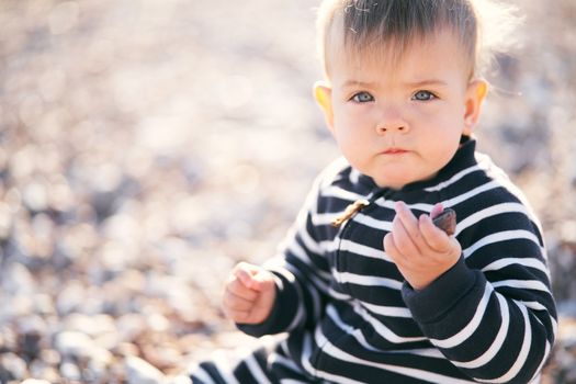 Serious baby in a striped overalls sits on a pebble beach, holding a pebble in his hand. Close-up