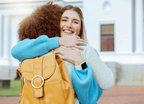 Student hug, girl friends and portrait of a girl with a smile at university and education building. Happiness, students and back to school motivation of a young person ready for college class