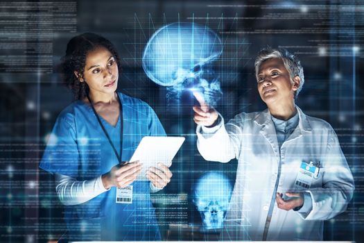 Doctors, tablet or healthcare of futuristic skull in brain cancer, mental health or fracture analytics in night hospital thinking. Abstract hologram, head or organ technology or women collaboration