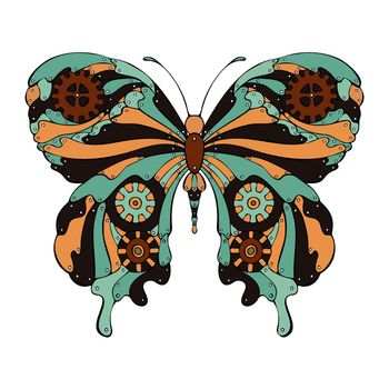 Steampunk butterfly color drawing handmade in doodle style.