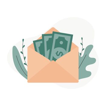 Opened envelope with money. Dollar bills. Salary, earning and savings concept. Vector Illustration