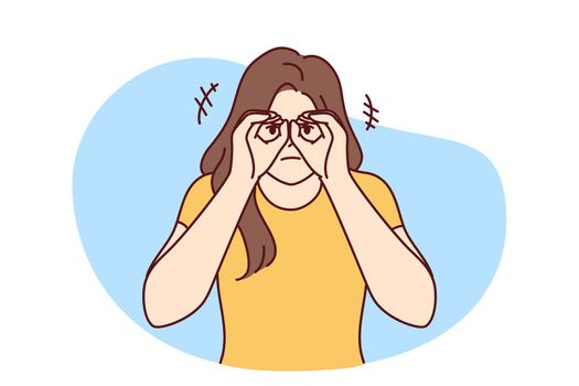 Curious woman using hands instead of binoculars wants to know someone else secret. Vector image
