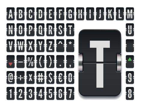 Black terminal mechanical scoreboard font with numbers for stock exchange rates or destination vector illustration. Airport flip board bold alphabet for flight departure information.