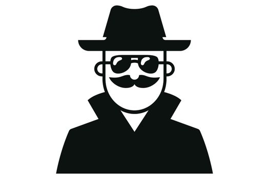 secret observer in a raincoat and hat. spy icon in dark glasses.