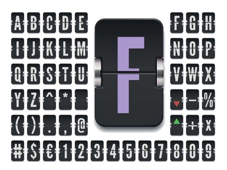 Airport terminal mechanical scoreboard alphabet with numbers for stock exchange rates and financial market information. Black flip board regular font to display destination vector illustration