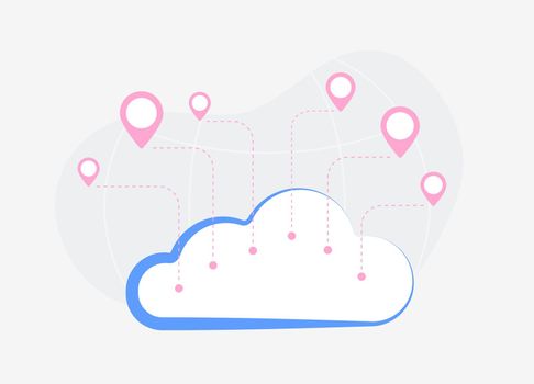 Cloud storage with multiple locations concept. Connect to corporate storage from different locations. Private, public or community cloud storage with red pins vector illustration