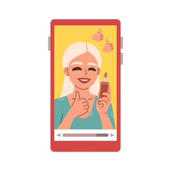 Beauty woman applying makeup. Female video blogger. People doing review on phone screen. Hand drawn style vector.