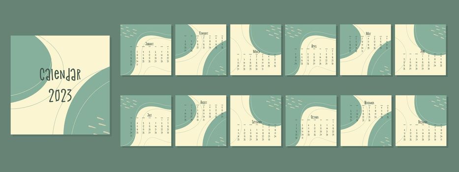 Set of 2023 calendar template by months, calendar cover concept, boho style abstract illustration.