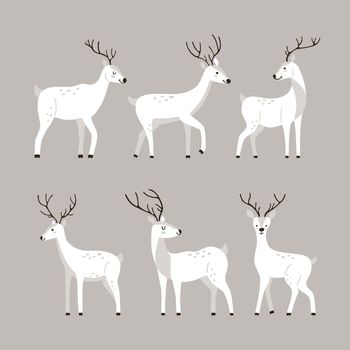 Set of cute cartoon white deer in Scandinavian style.