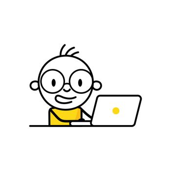 Happy smiling man working with his laptop. Freelancer or office worker. Freelance or studying concept. Vector stock illustration
