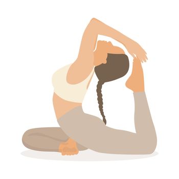 Yoga King Pigeon Pose young woman in Rajakapotasana posture. Pastel brown colors. Isolated white background. Vector illustration