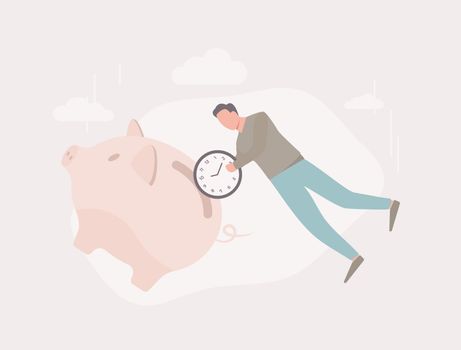 Time saving illustration with a levitating male character with a wall clock and trying to put a clock in the slot of a piggy bank. Scheduling app, planning techniques, work organization and management