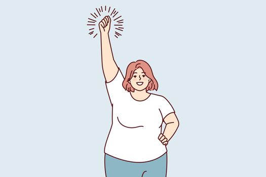 Smiling big size woman doing warm-up raising hands up leads active lifestyle. Vector image