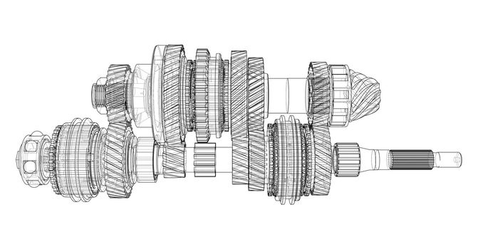 Gearbox sketch. Vector rendering of 3d. Wire-frame style. The layers of visible and invisible lines are separated. Gears, shafts and bearings